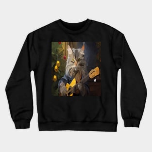 watercolor cat playing guitar with Christmas tree Crewneck Sweatshirt